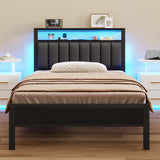 Furnulem Twin Size Bed Frame with Charging Station and LED Lights, Platform Bed with Metal Slats, Grey Upholstered Headboard with 2-Tier Storage Shelves, No Box Spring Needed Furnulem