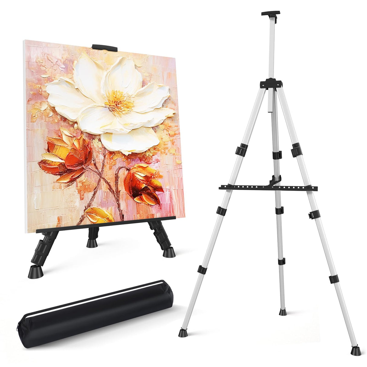 Art Easel Stand for Painting or Sign, Portable Adjustable 66 inches Display Tripod Artist Floor Aluminum Metal Easel with 1 Bag for Table-top/Floor Drawing, Sturdy for Canvases Displaying - Silver Mayyol