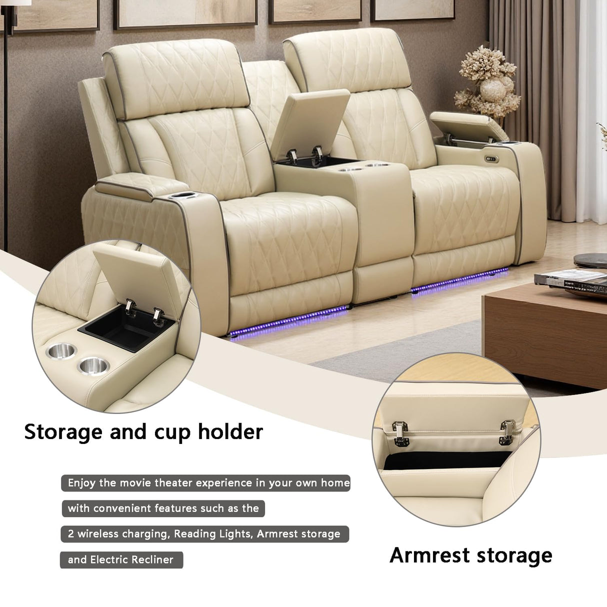 A Ainehome Power Leather Recliner Sofa Set with LED Lights, Recliner Sofa Sectional Couches for Living Room, Reclining Sofa, loveseat, Chair with USB Port/Storage Console/Cup Holder(Khaki,loveseat) A Ainehome