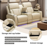 A Ainehome Power Leather Recliner Sofa Set with LED Lights, Recliner Sofa Sectional Couches for Living Room, Reclining Sofa, loveseat, Chair with USB Port/Storage Console/Cup Holder(Khaki,loveseat) A Ainehome