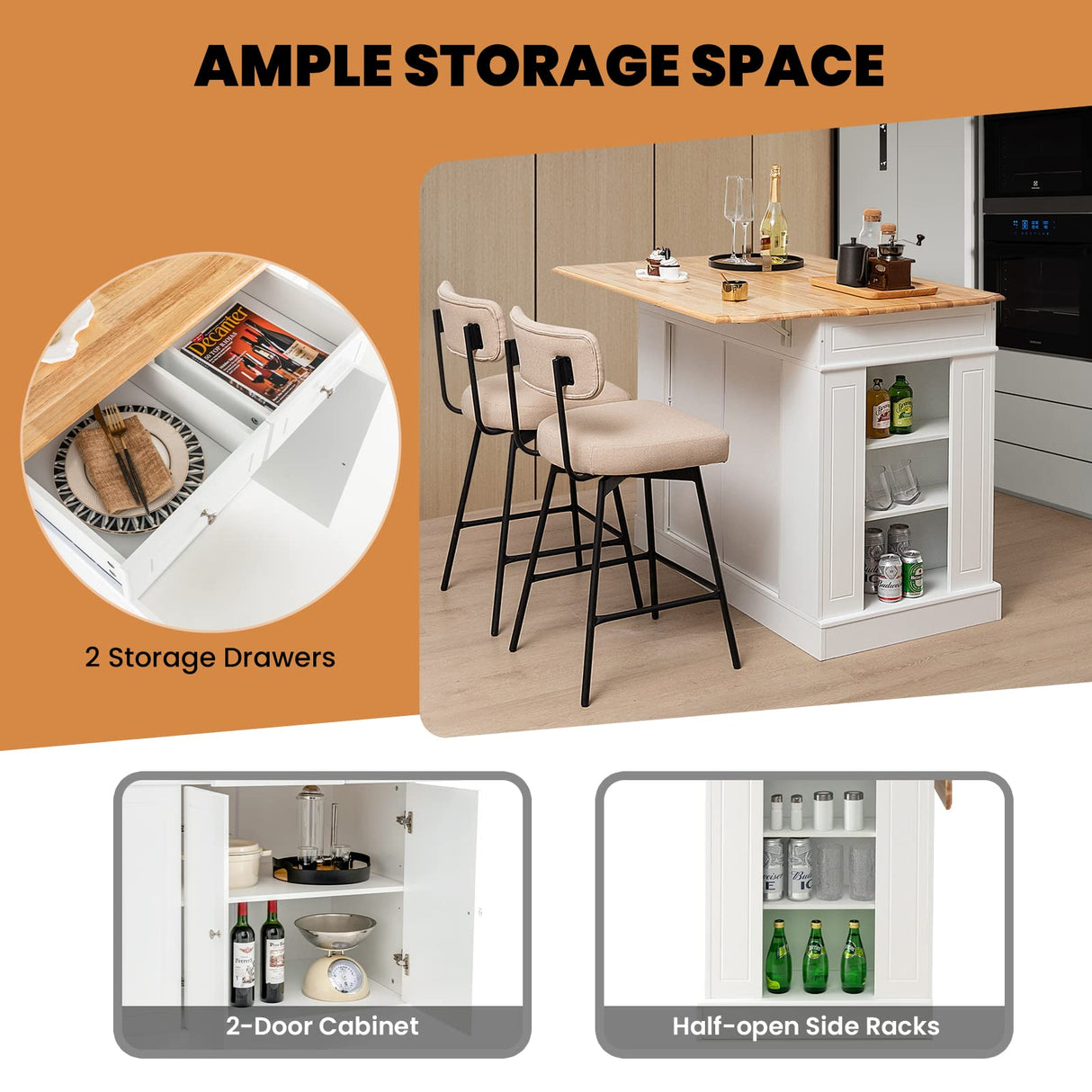 LOKO White Kitchen Island with Drop Leaf, Storage Cabinet, Adjustable Shelves & Drawers LOKO