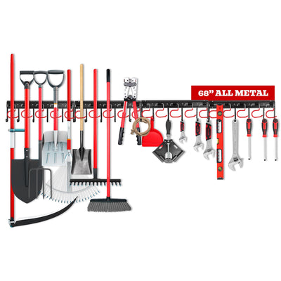 68" All Metal Garden Tool Organizer - Sturdy Garage Wall & Shed Organization System - Hooks for Shovel, Broom, Rake & More