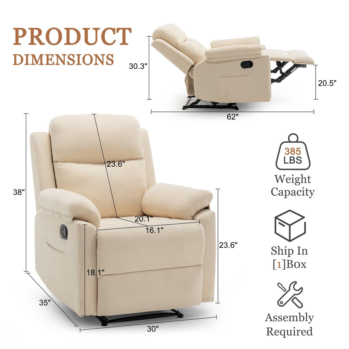 Korser Recliner Chair, Small Recliners for Small Spaces, Upholstered Manual Recliner with Side Pockets, Comfy Corduroy Chairs for Living Room, Bedroom, Reading, Beige Korser