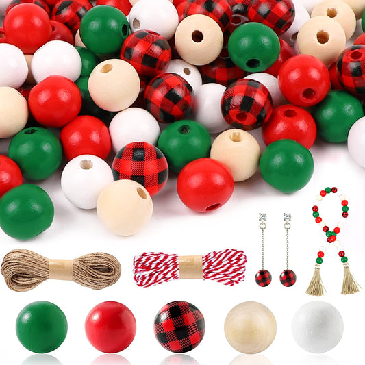 GRACCEE 200pcs Christmas Wooden Beads Xmas Red Buffalo Plaid Polished Craft Natural Round Wood Beads for Christmas Party DIY Indoor Decoration.