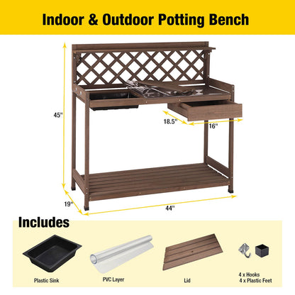 Aivituvin Potting Bench with PVC Layer, Outdoor Gardening Work Bench with Sink & Lid, Wooden Planting Table for Outside with Storage, Drawer, Shelf, Hook