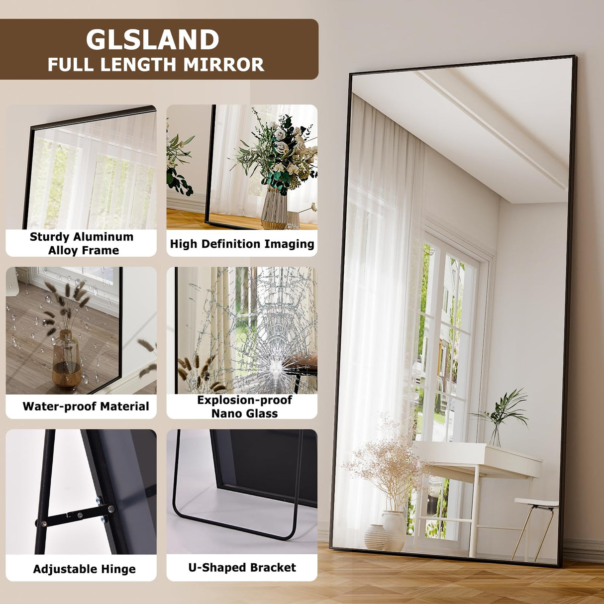 GLSLAND 76"x34" Full Length Mirror Extra Large Hanging or Leaning Rectangle Mirror Aluminum Alloy Thin Frame Bedroom Floor Dressing,Black GLSLAND