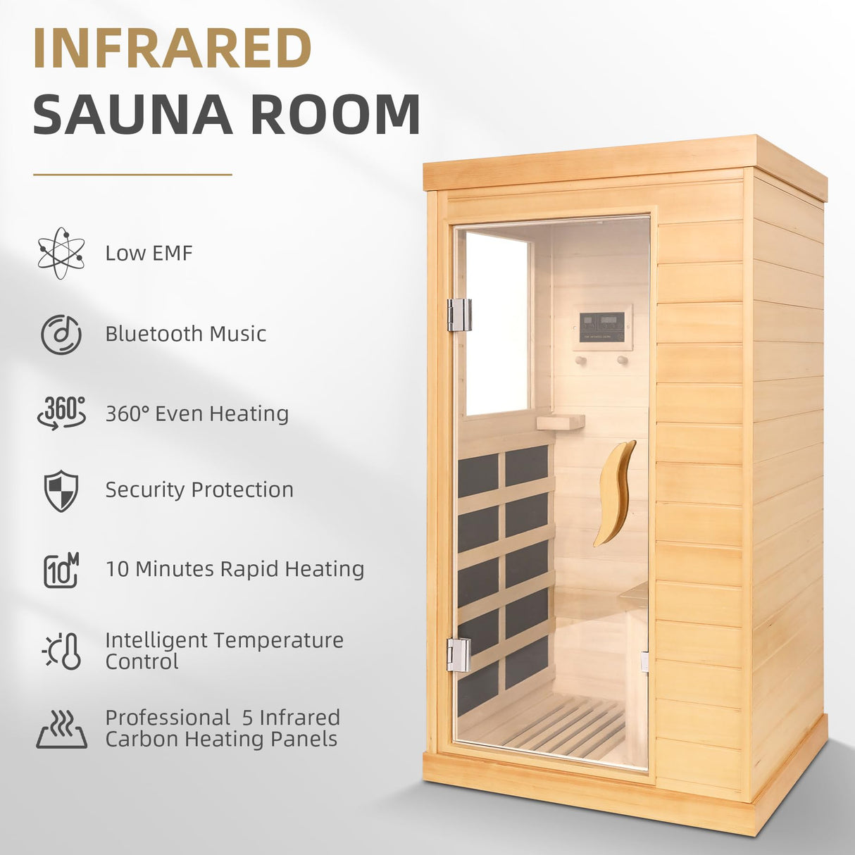 HomeMiYN Far Infrared Saunas for Home, 1 Person Canadian Hemlock Wood Low EMF Dry Sauna Room Indoor Mini Personal Sauna with Carbon Heaters, Control Panel, Bluetooth Speakers, 800W/110V HomeMiYN
