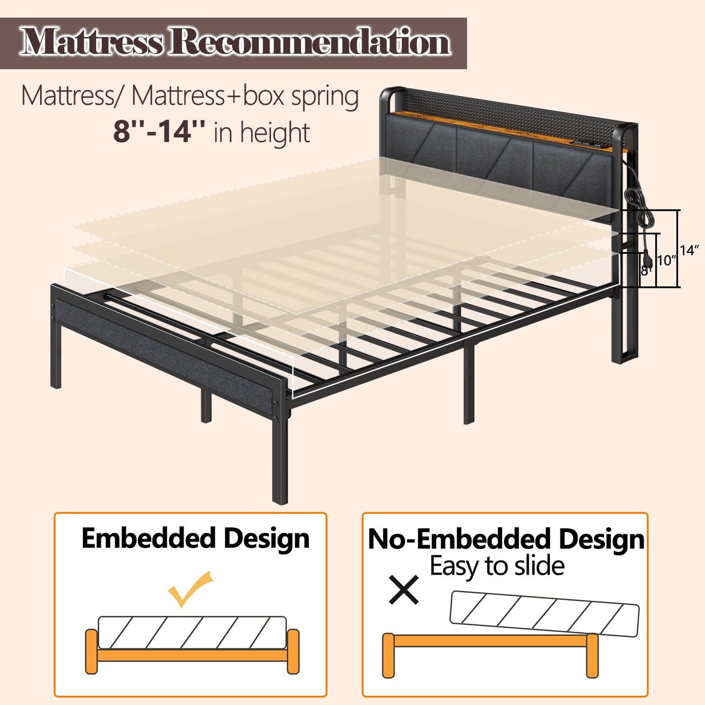 Furnulem Queen Size Bed Frame with Headboard and LED Lights,Upholstered Bedframe with Charging Station and USB Port, Platform Metal Bed Frame,No Box Spring Needed, Noise Free