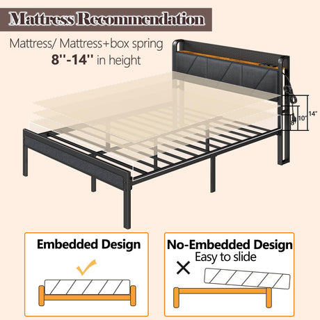 Furnulem Rustic Brown Queen Size Bed Frame with LED Headboard, USB Charging Station and Under-Bed Storage Furnulem