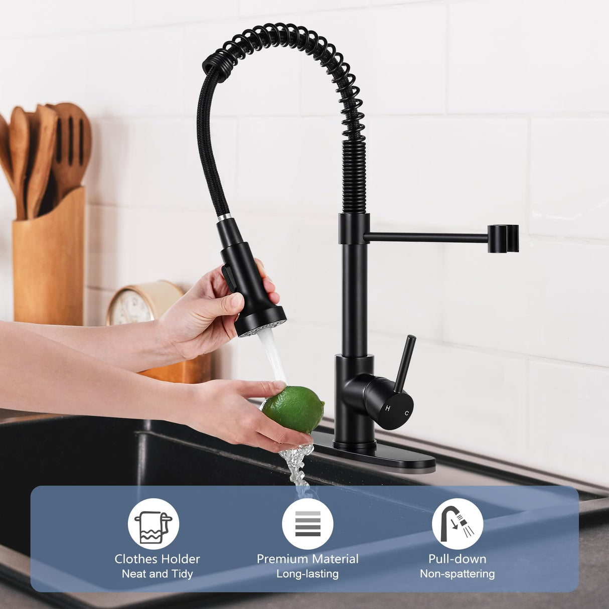 DJS Kitchen Faucets with Pull Down Sprayer Matte Black - Dual Mode Setting Single Handle 1 or 3 Holes Commercial Black Kitchen Sink Faucet with Deck Plate for Farmhouse RV Vessel Basin DJS
