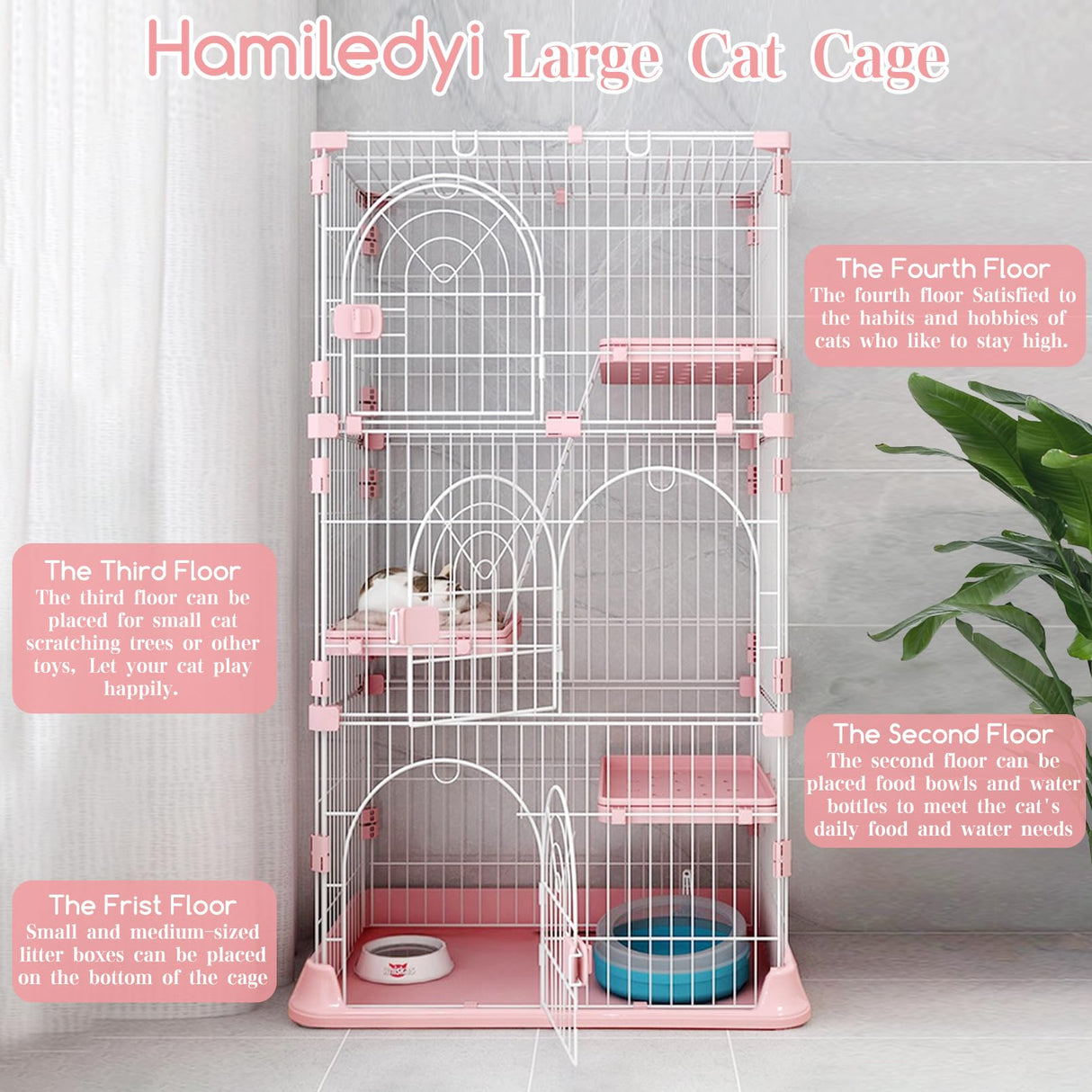 Hamiledyi Indoor Cat Cage 52 Inches Cat Villa Large Pet Crate with 3 Platforms and 1 Ramp Ladders Metal Cat Playpen with 3 Doors Outdoor Cat Enclosures Kitten Cage for Small and Medium Pets (Pink) Hamiledyi