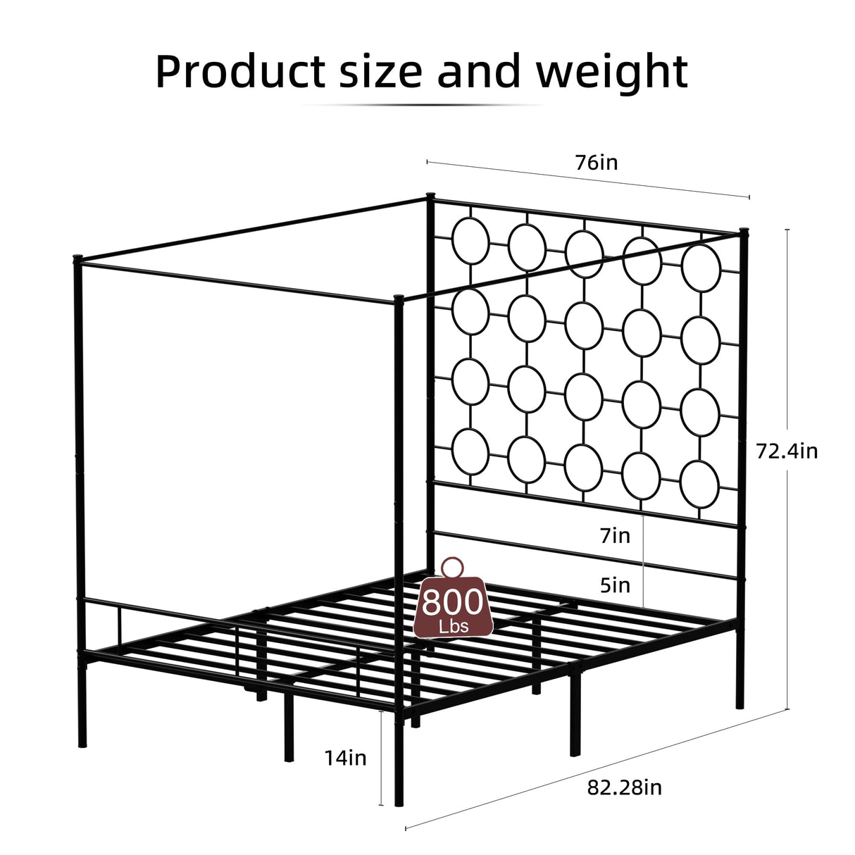 PAUKIN Black Metal Canopy Bed Frame Queen/Mattress Foundation with Steel Slat Support/No Box Spring Needed/Easy Assembly (Black, Queen) PAUKIN