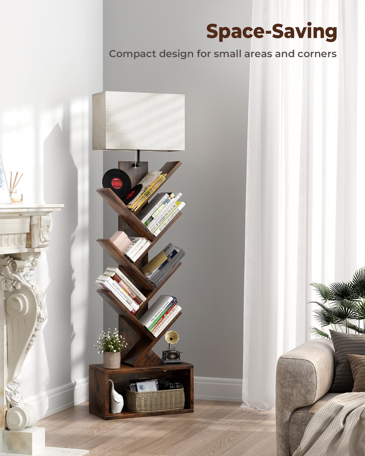 Evermagin 6 Tier Tree Bookshelf with Smart Light, Small Bookcase Tower with Remote Control, Tall Floor Standing Book Organizer for Living Room, Bedroom & Home Office, Rustic Brown Evermagin
