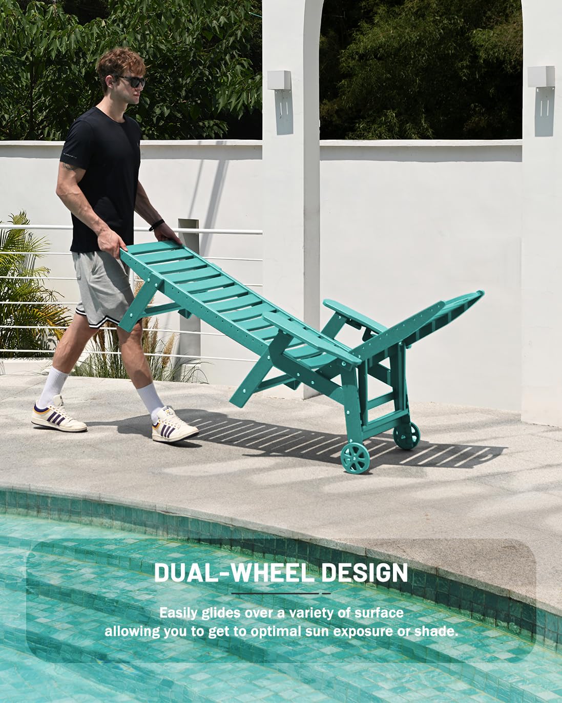 SUUNYN Lounge Chair Outdoor, Chaise Lounge, HDPE 6-Position Outdoor Chaise Lounge, Patio Lounge Chair with Wheels & Cup Holder for Pool Poolside Deck Backyard, Lake Blue SUUNYN