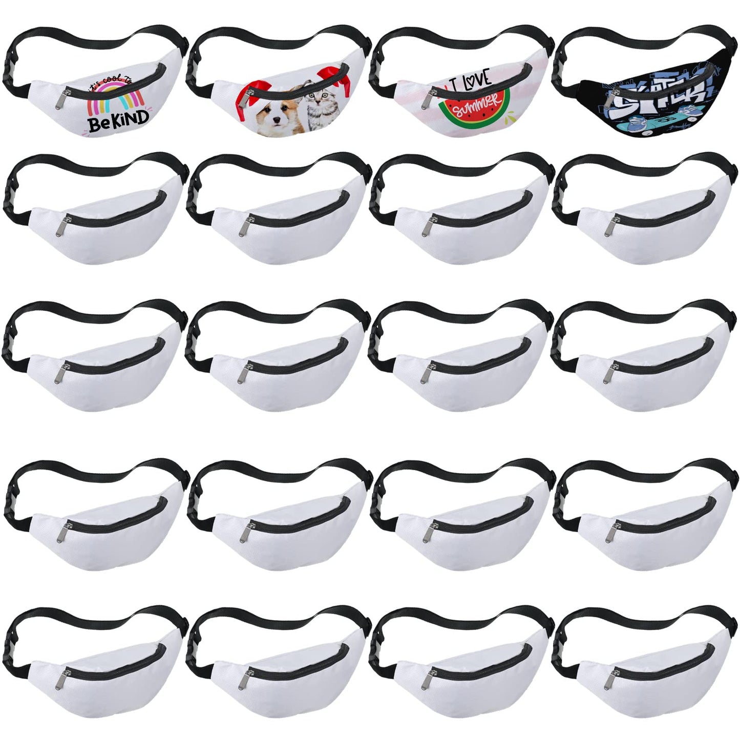 20 Pcs Sublimation Fanny Packs for Women Men White Running Waist Bag Belt Bag Waist Pouch with Adjustable Strap Zip for DIY Hiking Traveling Biking Festival Sports Outdoors Workout