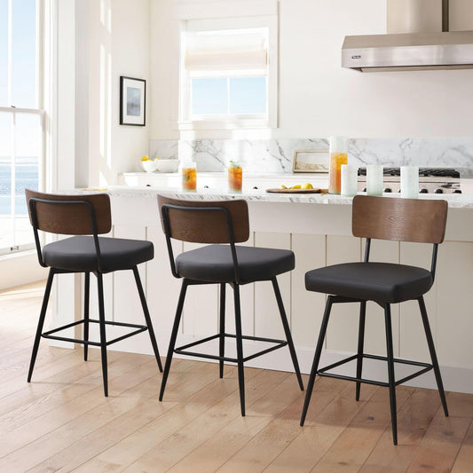 Bekrvio Counter Height Swivel Bar Stools Set of 3, Upholstered Faux Leather Barstools with Wood Backs and Metal Legs, 26" Seat Height Counter Bar Stool for Kitchen Island, Black - WoodArtSupply