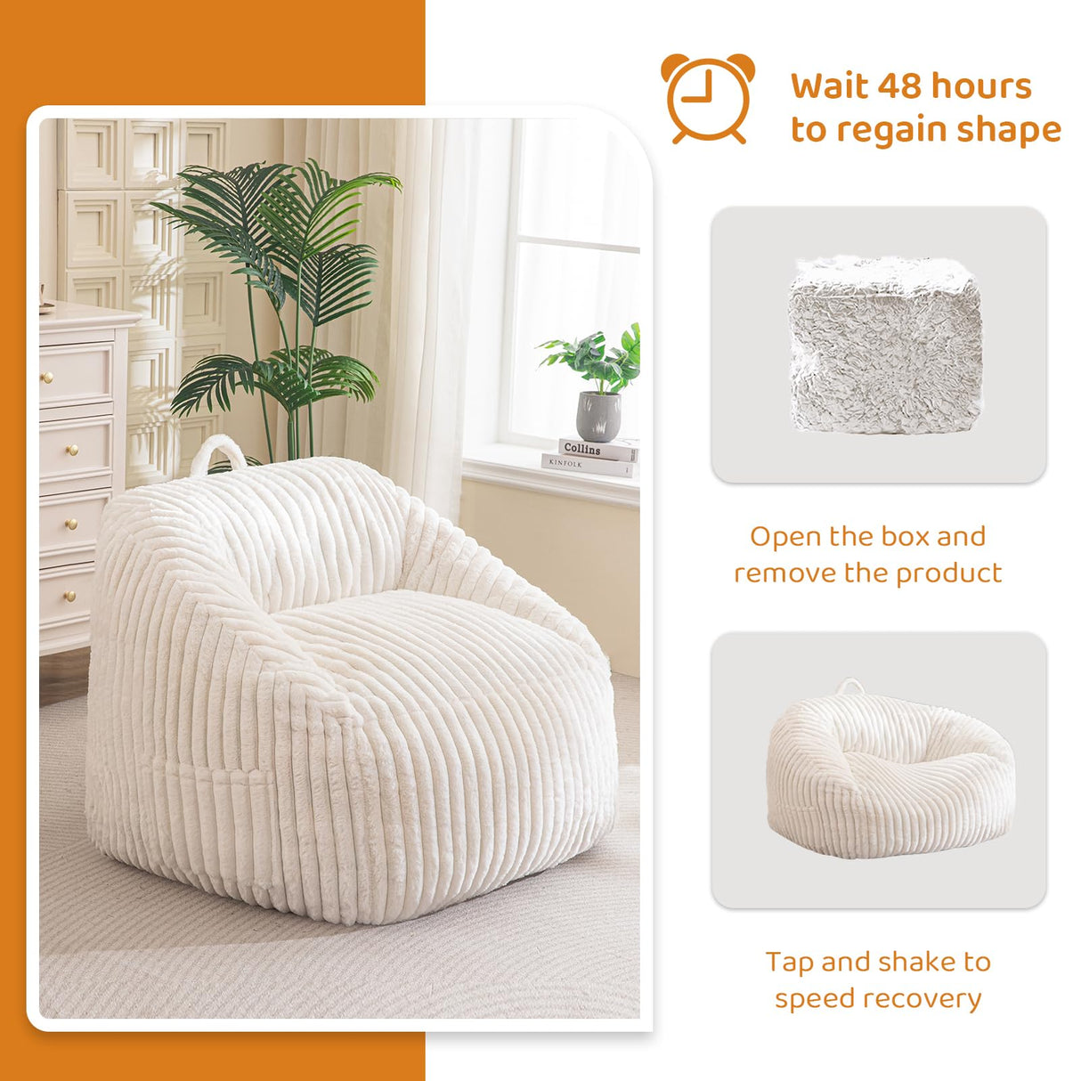 BYBYME Giant Bean Bag Chair for Adults and Kids, Large Comfy Cozy Beanbag, Floor Sofa for Teens, Living Room, Gaming, Reading, Beige BYBYME