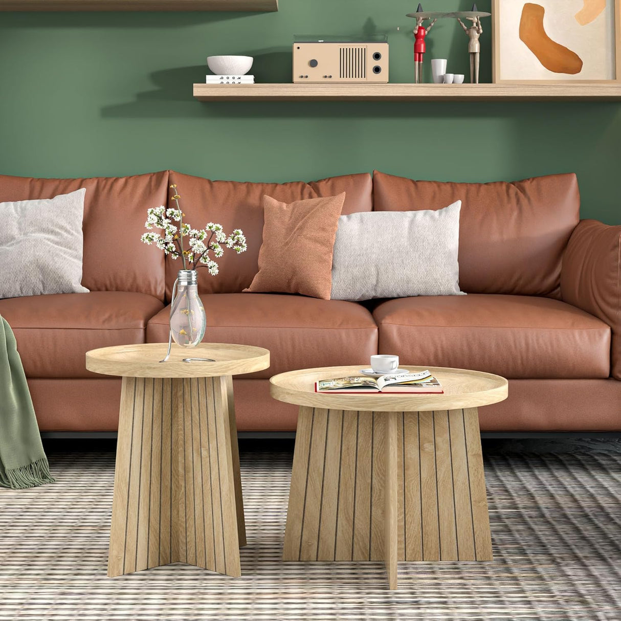 Round Coffee Table Set of 2, Mid Century Modern Fluted Nesting Coffee Table, Center Tables, Small Round Wood Coffee Table, Side End Table for Living Room, Bedrrom, Office (Wood Color) Fsbecl