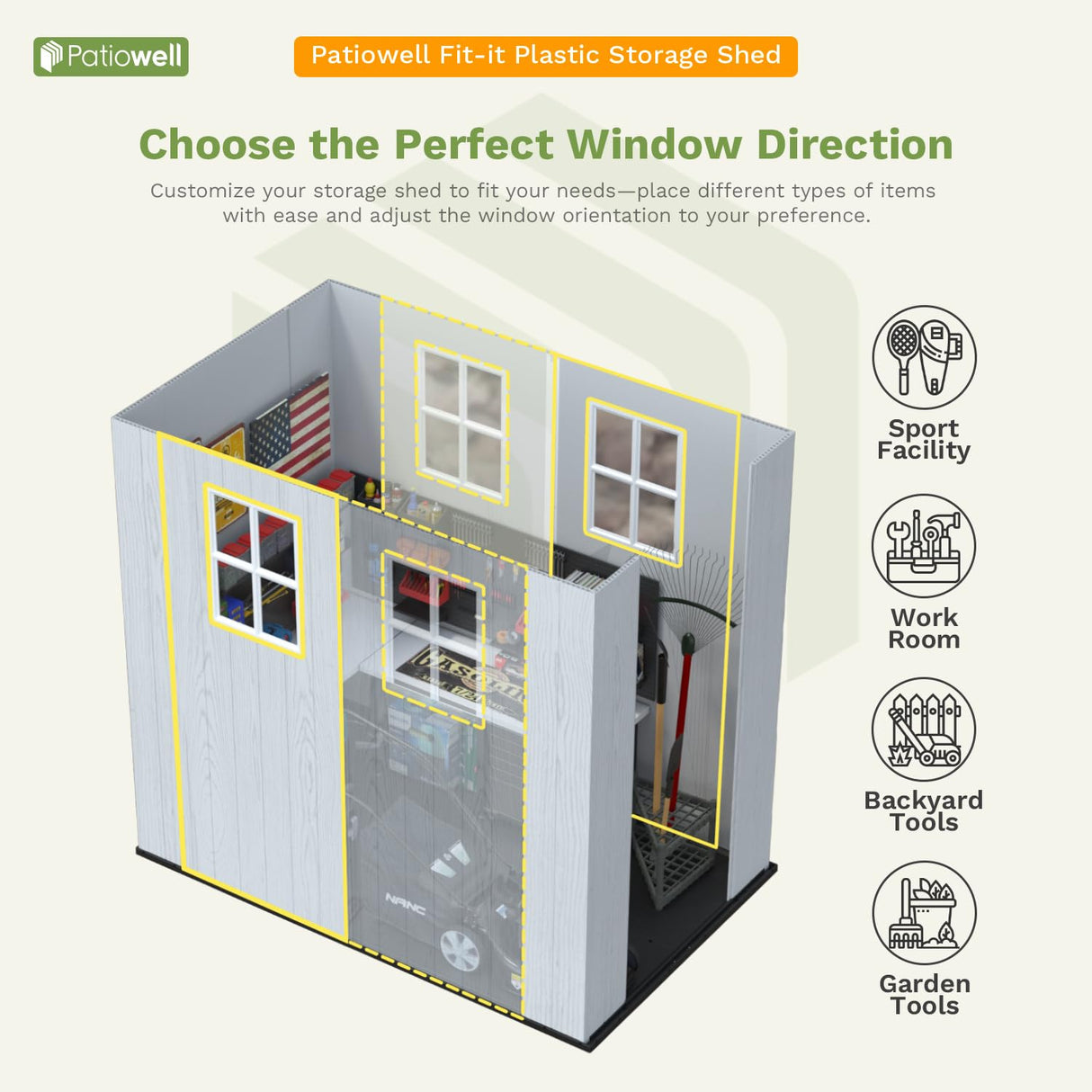 Patiowell 4 x 8 FT Plastic Outdoor Storage Shed with Floor, Resin Outside Tool Shed with Two Windows and Lockable Door for Garden, Backyard, Tool Storage Use, Easy to Install, Light Grey(Fit-it Shed) Patiowell