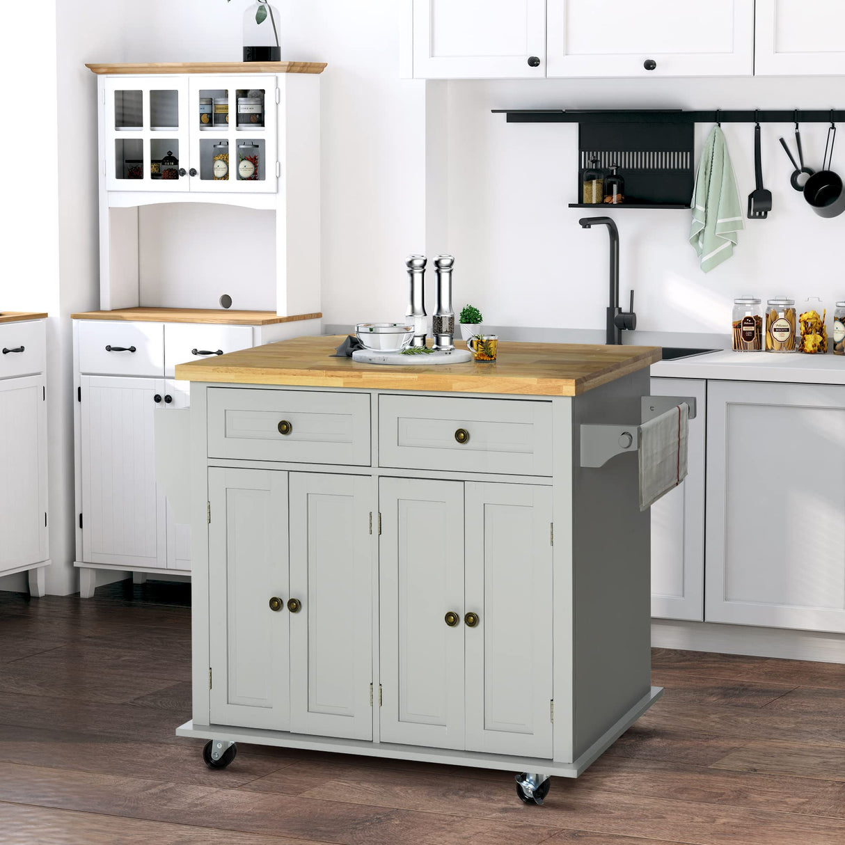 HOMCOM Kitchen Island on Wheels, Rolling Cart with Rubberwood Top, Spice Rack, Towel Rack and Drawers for Dining Room, Grey HOMCOM