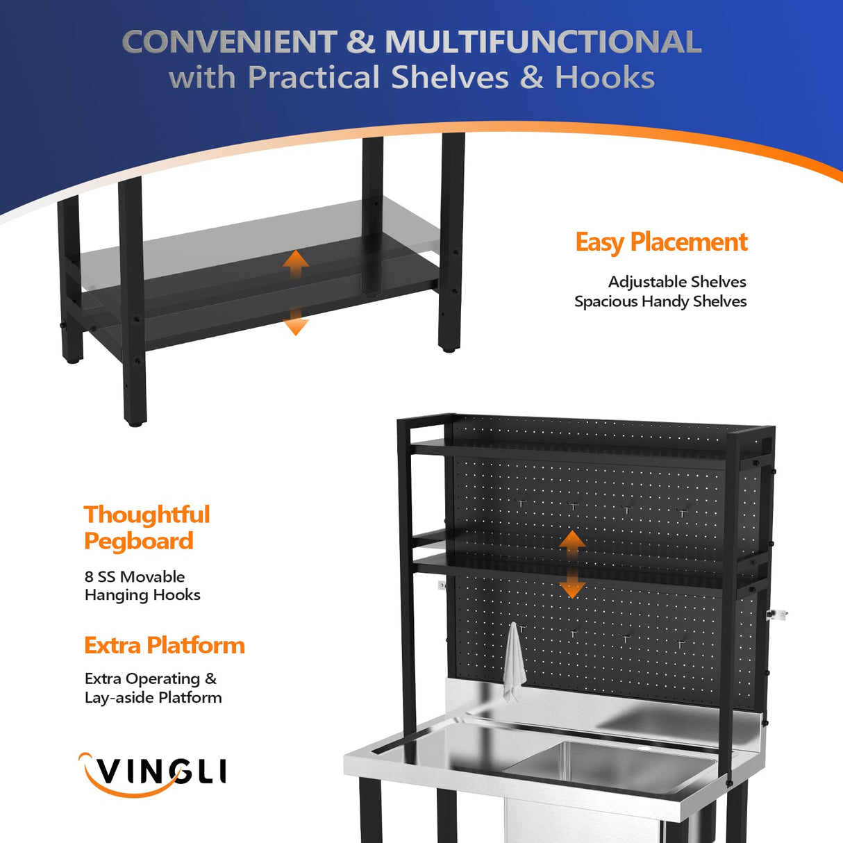 VINGLI 67'' Commercial Sink with Drainboard and Adjustable Shelves Pegboard for Hanging Tools, 304 Stainless Steel Table Freestanding Utility Counter Restaurant, Garage Silver & Black 1 VINGLI