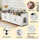 JanflyHome Double Cat Litter Box Enclosure for 2 Cats, 63" Hidden Litter Box Furniture with Outlet Power, Farmhouse Large Litter Box Cabinet TV Stand, 63 x 17.7 x 23.6 in, Antique White JanflyHome