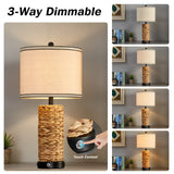 GyroVu Rattan Table Lamp Set of 2, Wicker Lamps, 3 Way Dimmable Touch Seagrass Table lamp with 2 USB Ports and 1 AC Outlet for Bedroom Nightstand Table, Livingroom End Table, Bulbs Include GyroVu