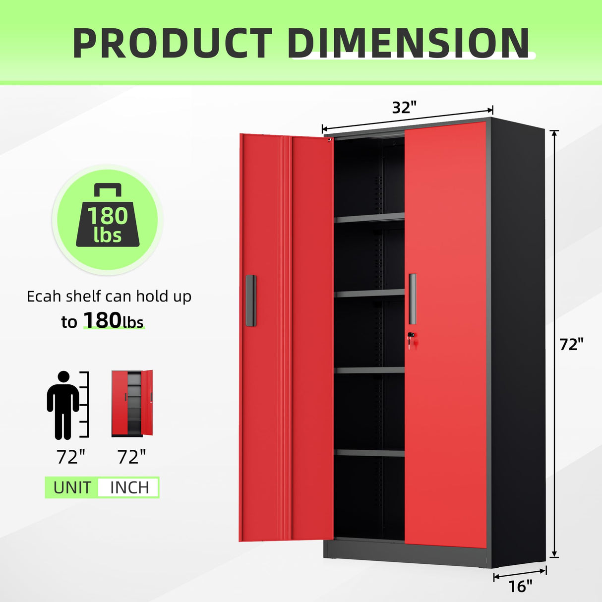 Bonusall 72" Metal Garage Storage Cabinet, 2 Locking Doors & 4 Adjustable Shelves Tall Storage, Heavy Duty Steel Tool Cabinet for Home, Office, Warehouse, School (Black Red) Bonusall