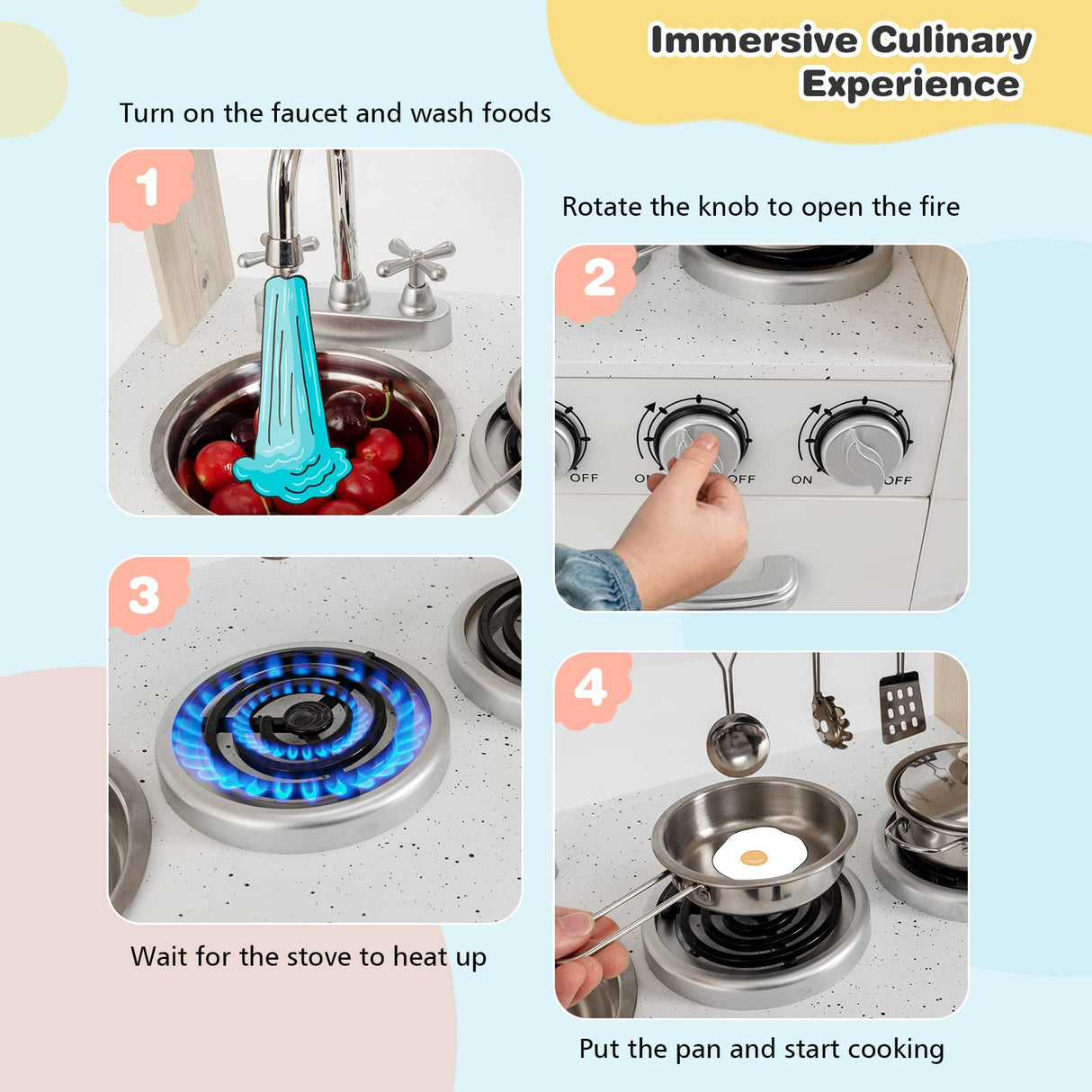 HONEY JOY Kids Kitchen Playset, Wooden Pretend Play Kitchen for Toddlers, Cookware Utensil, Phone, Clock, Water Dispenser, Storage Cabinet, Little Chef Toy Kitchen Set, Gift for Boys Girls 3+, Natural HONEY JOY