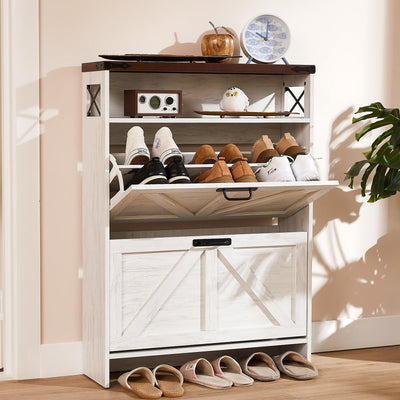 EXRIARO Shoe Cabinet Storage for Entryway, Shoe Storage Cabinet with 2 Flip Drawers, Farmhouse Shoe Storage Organizer Cabinet for Heels,Slippers,Sneakers (White)