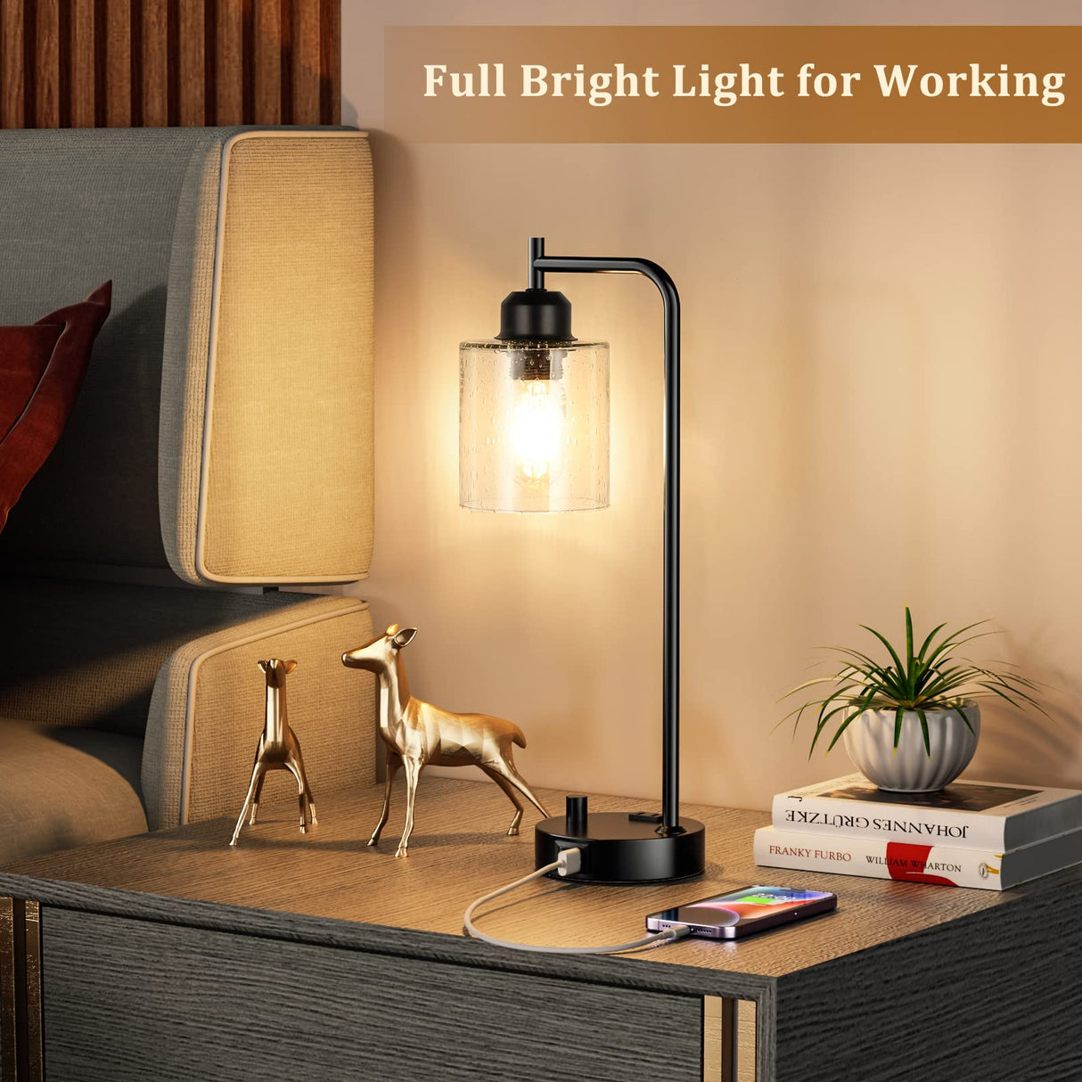 Industrial Bedside Table Lamp for Bedroom - Nightstand Lamps with USB C Charging Port, Fully Dimmable Black Ports and Outlets, Small Desk Glass Shade Office Living Room Innqoo