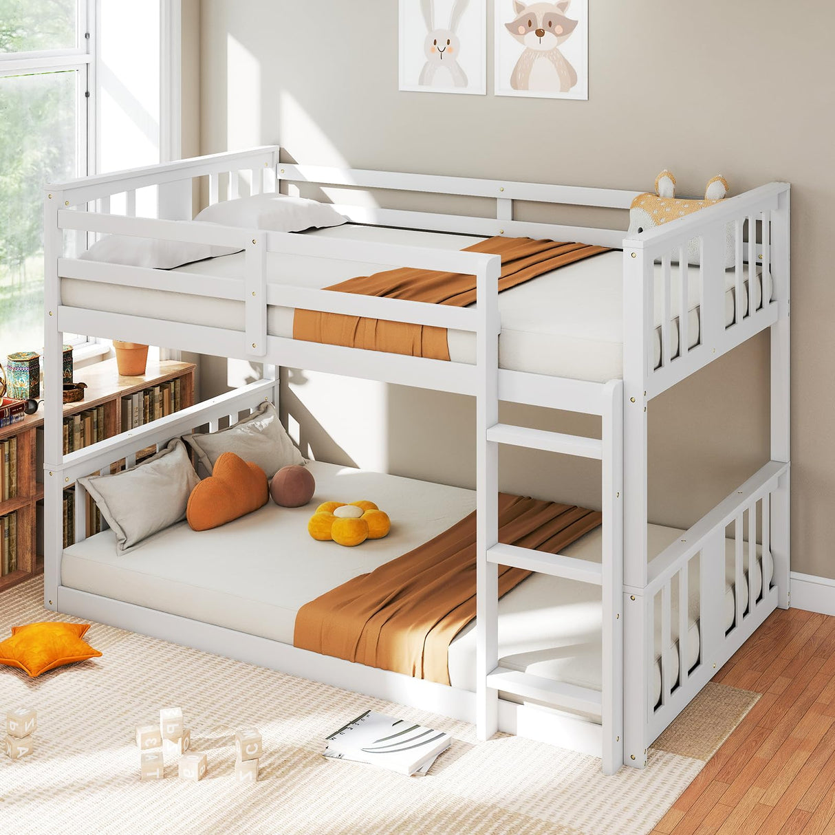Zevemomo Wooden Low Bunk Bed Twin Over Twin, Solid Pine Bed Frame with Built-in Ladder, Convertible Bed Frame That Separates into 2 Twin Beds, Floor Bunk Bed for Small Spaces, Bedroom, White Zevemomo