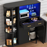 Kitchen Pantry Storage Cabinet with Charging Station and LED Lights, Freestanding Buffet Cabinet with Wine Glass Holder,Kitchen Hutch Cabinet with Rotation 4-Tier Storage Rack for Kitchen(Black) Gyfimoie