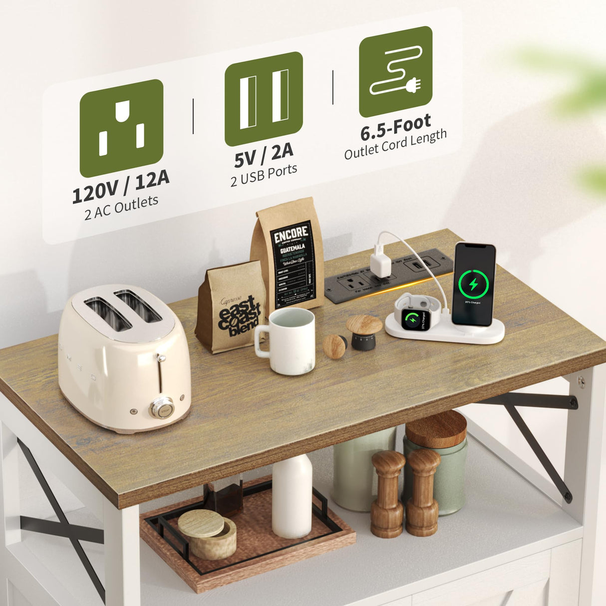 Yoobure LED Storage Cabinet with Doors and Shelves, Farmhouse Coffee Bar Pantry Cabinet with Drawers and Power Outlet, Wood Sideboard for Entryway Bathroom Dining Room Living Room Bedroom, White Yoobure