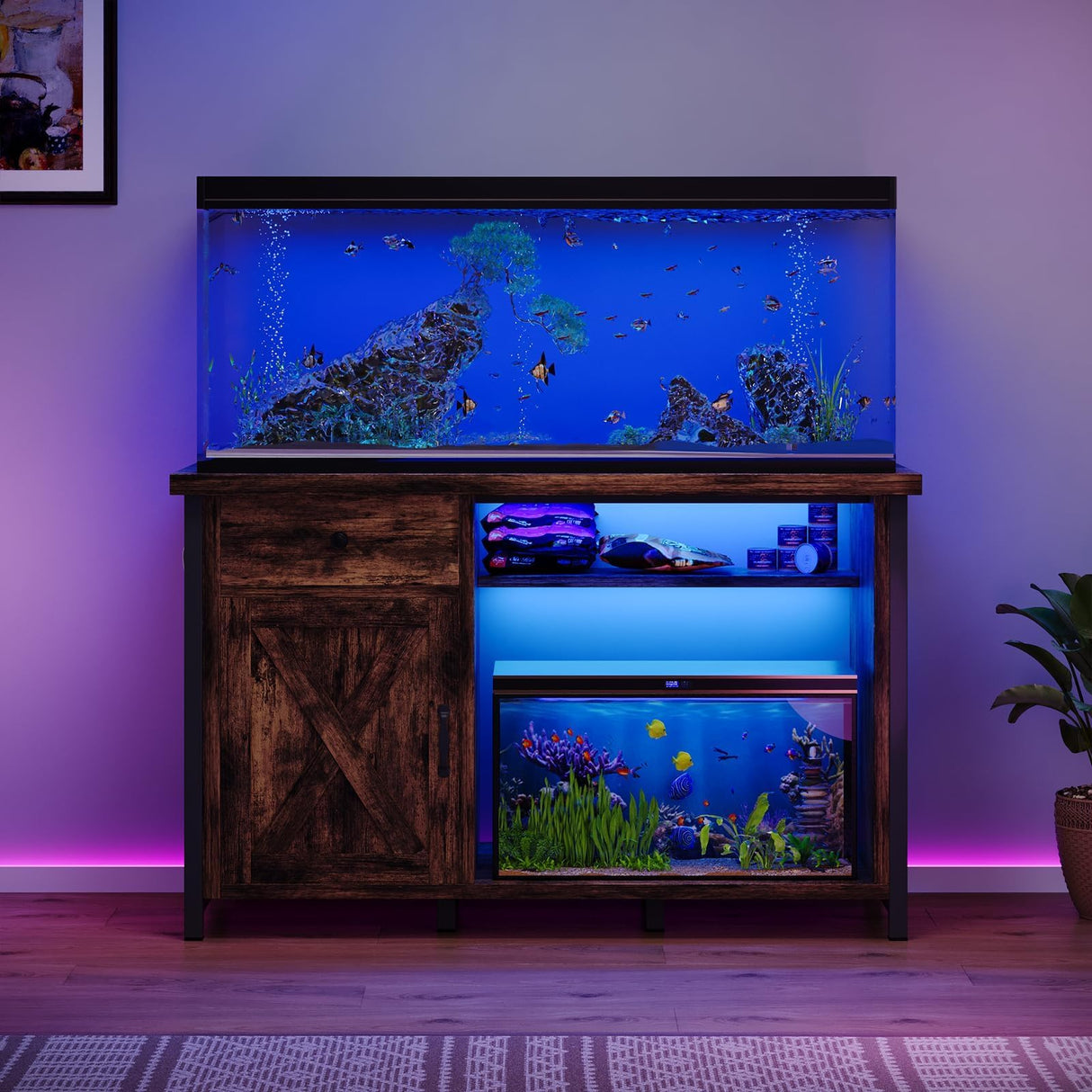 4ever2buy 55-75 Gallon Fish Tank Stand with Power Outlets, LED Light, Heavy Duty Aquarium Stand with Cabinet for Fish Tank Accessories Storage, for Turtle Tank, Reptile Terrarium, 1100LBS, Black 4ever2buy