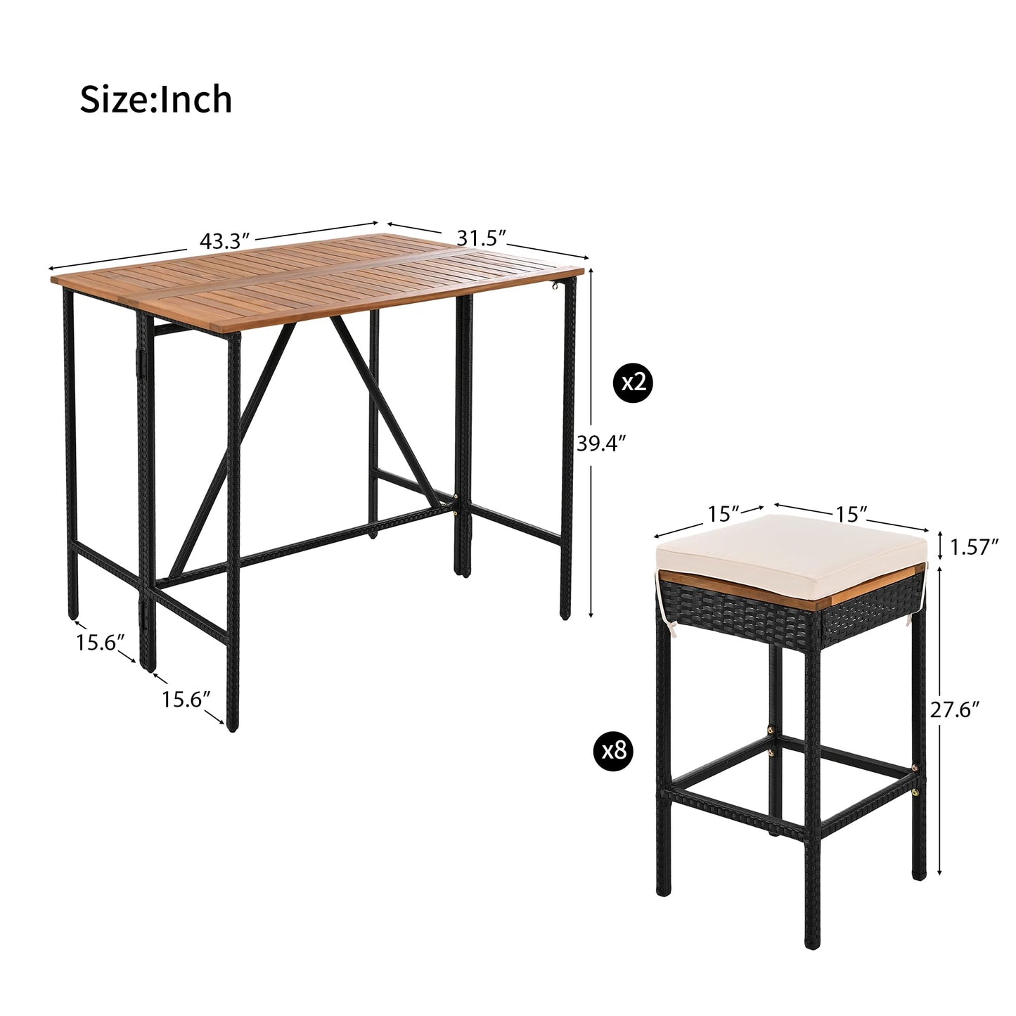 CKLMMC 10-Piece Outdoor Patio Dining Set, Acacia Wood Bar Height Table with Foldable Tabletop and Four Stools with Cushions, High-Dining Bistro Set - WoodArtSupply