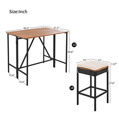 CKLMMC 10-Piece Outdoor Patio Dining Set, Acacia Wood Bar Height Table with Foldable Tabletop and Four Stools with Cushions, High-Dining Bistro Set - WoodArtSupply