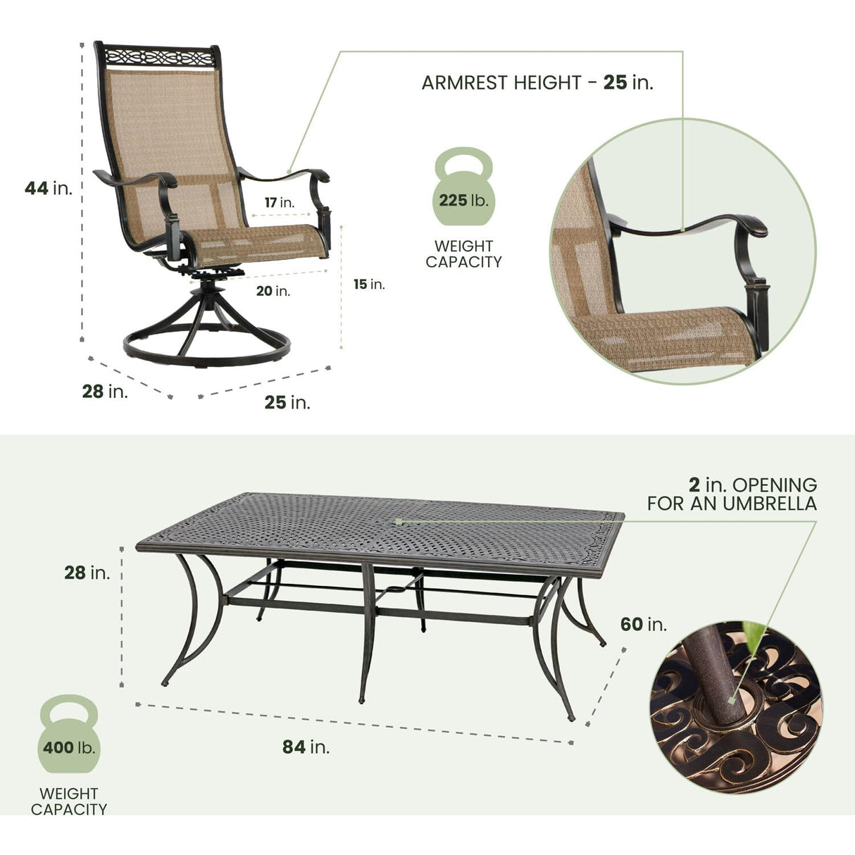Hanover Manor 11-Piece Outdoor Dining Set with 10 Comfortable Swivel Rockers and an Extra-Large 60" x 84" Aluminum Cast-Top Dining Table, 10 person Patio Table and Chairs for Backyard, Deck, Porch Hanover