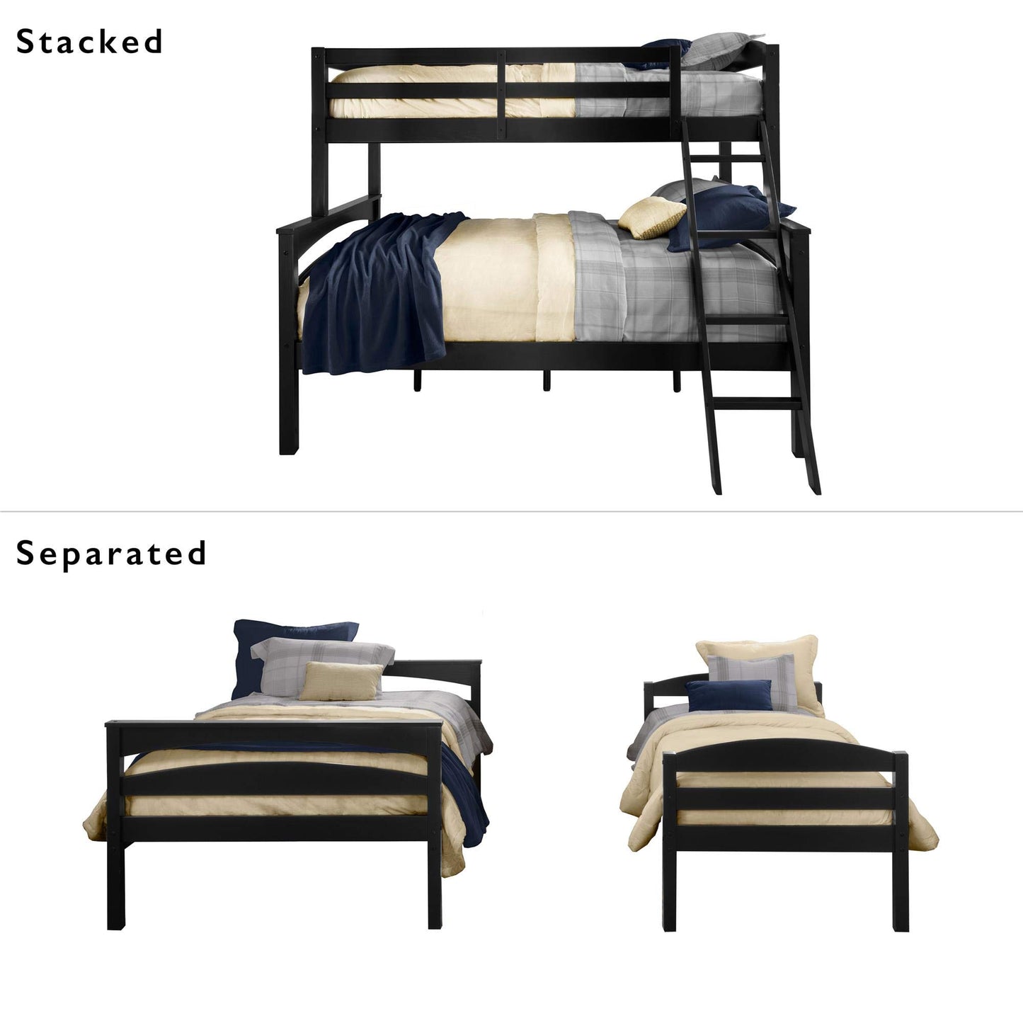 DHP Brady Twin Over Full Bunk Bed Frame in Black - Space-Saving Design for Kids and Teens - WoodArtSupply