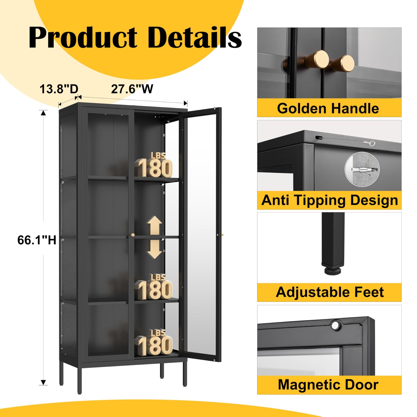 SteeLoong Glass Display Cabinet,66”Metal Black Display Cabinet with Glass Doors and 3 Adjustable Shelves,Curio Display Cabinet for Livingroom