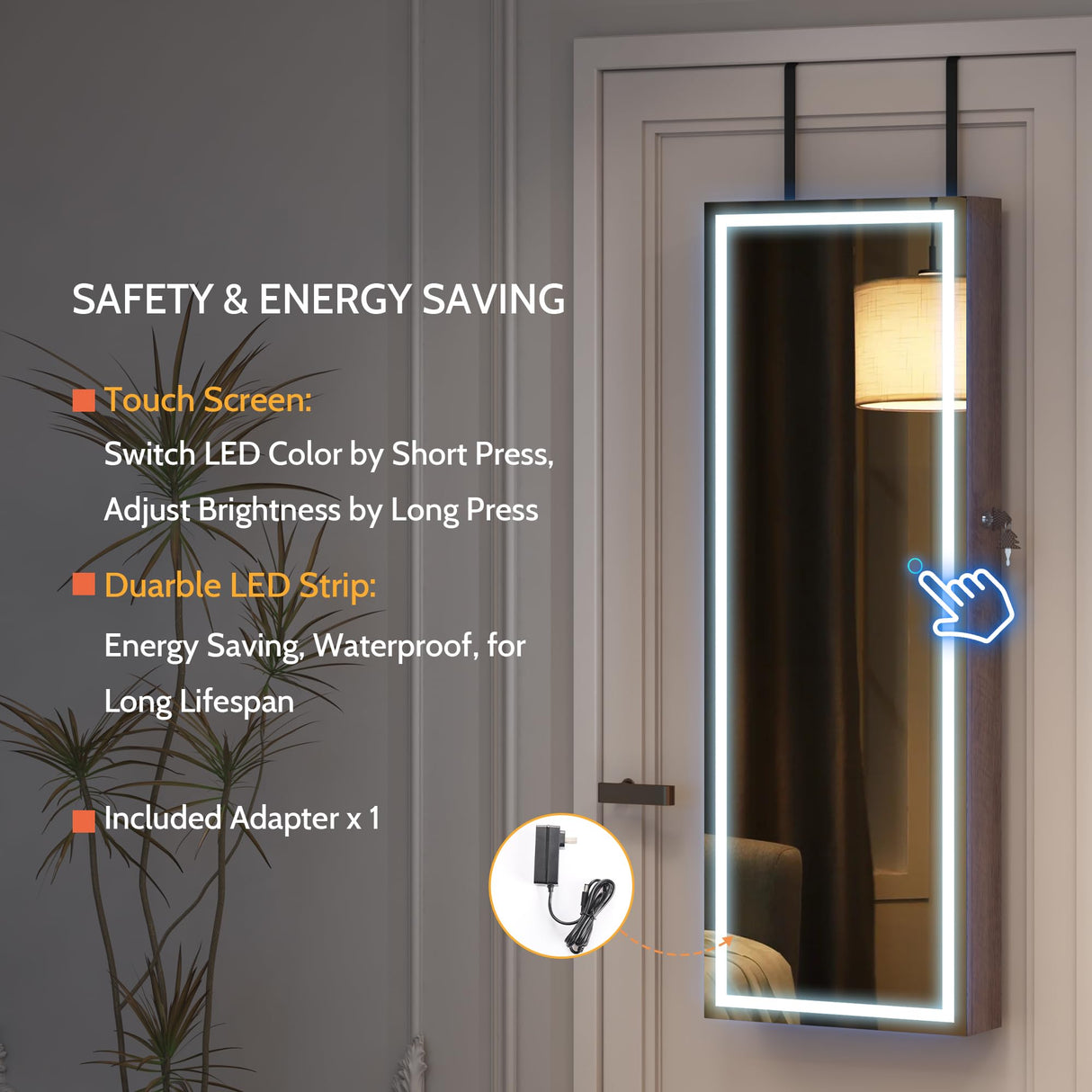 LVSOMT LED Wall/Door Mounted Jewelry Cabinet Armoire, Full Length Mirror with Lights, Lockable Storage Organizer, Over the Door Hanging Body Mirror (Wood) LVSOMT