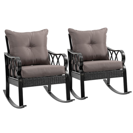Outsunny 2 Piece Outdoor Wicker Rocking Chairs with Padded Cushions, Aluminum Furniture Rattan Porch Rocker Chairs w/Armrest for Garden, Patio, and Backyard, Gray Outsunny