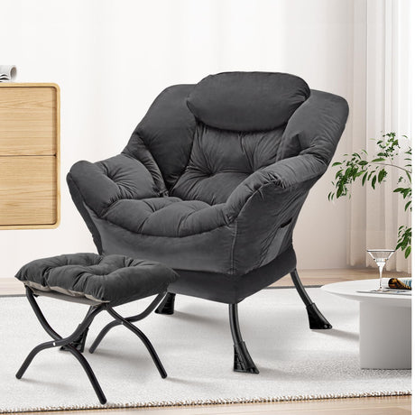 Congermom Lazy Chair with Folding Ottoman Modern Large Accent Chair,Contemporary Lounge Leisure Sofa Chair with Armrests Upholstered Sofa Armchair Reading Chair for Bedroom,Dorm & Office (Dark Grey-f) Congermom