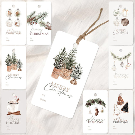 Whaline 120Pcs Merry Christmas Paper Gift Tags Xmas Boho Watercolor Blank Hanging Labels with Hemp Rope for Christmas Winter Holiday Present DIY Crafts, 8 Designs Whaline