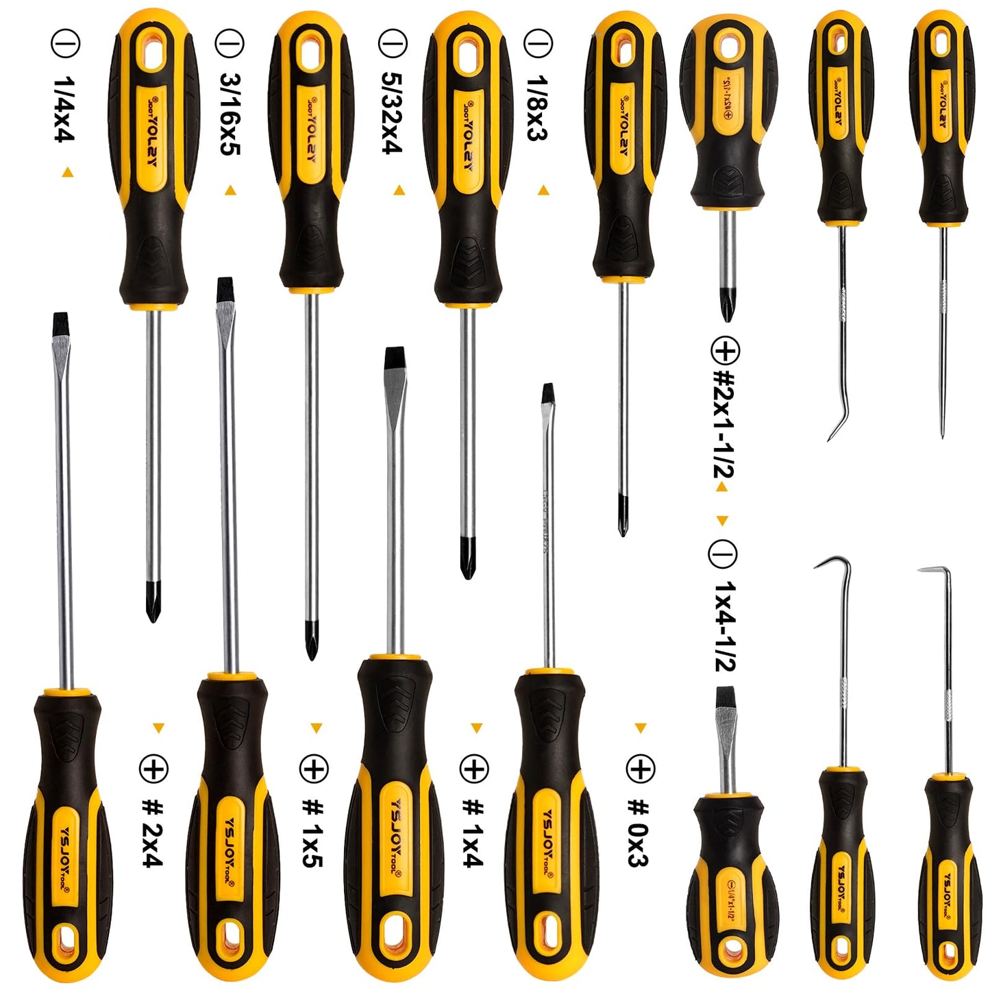 YSJOYTOOL 14-Piece Magnetic Screwdriver Set, 5 Phillips and 5 Flat Tips with 4 Pick & Hooks - Storage Bucket(14PCS) - WoodArtSupply