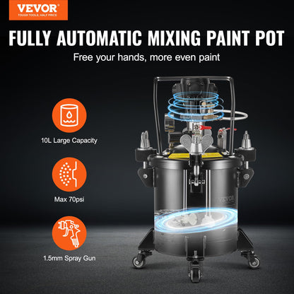 VEVOR Spray Paint Pressure Pot, 10 L/2.5 gal Fully Automatic Stirring Pressure Pot Tank, 70 psi Adjustale Pressure, Pressure Pot Paint Tank with Spray Gun and Hoses, for Home Decor Industry P - WoodArtSupply