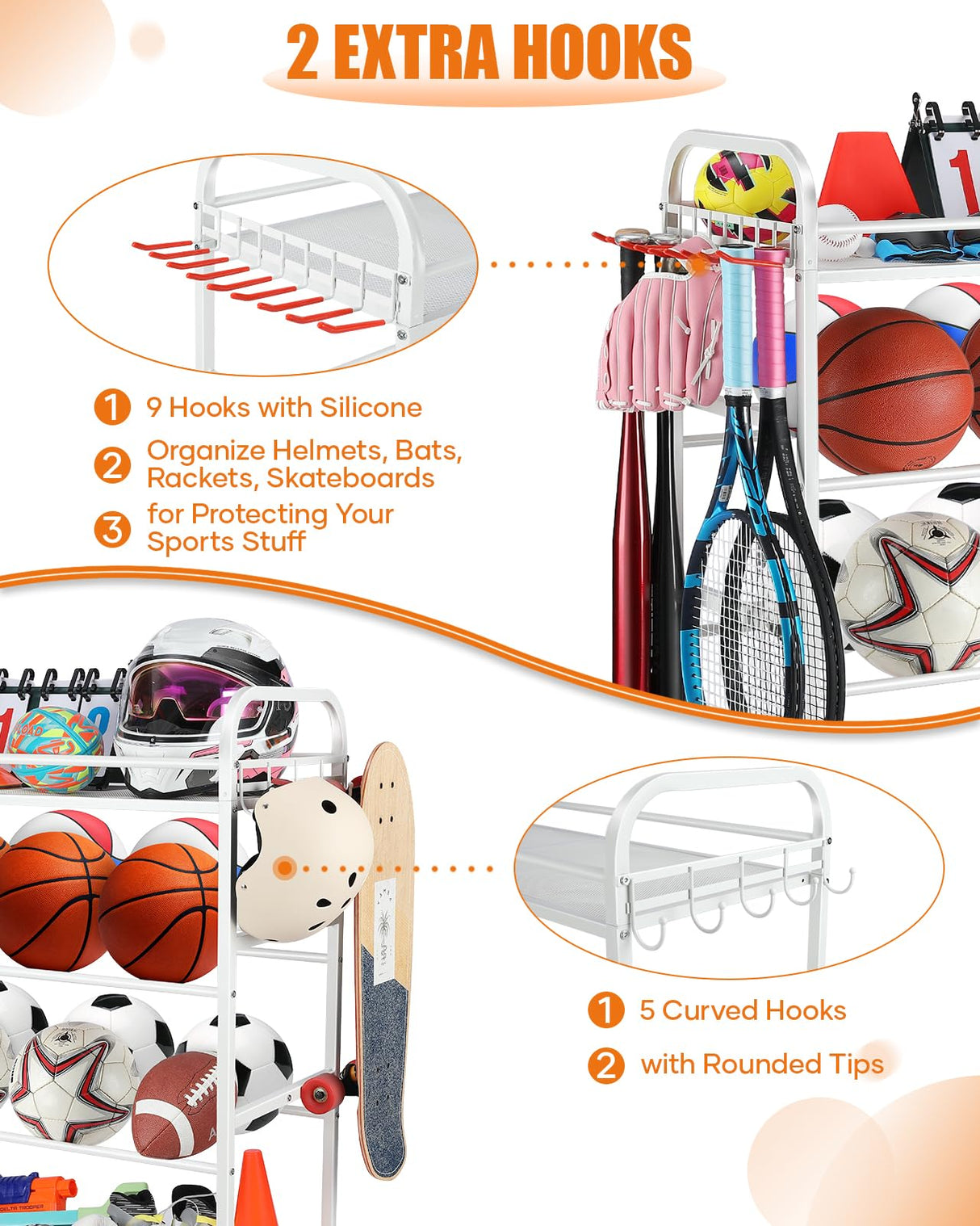 EXTCCT Garage Sports Equipment Organizer - Rolling Ball Storage Bin with Wheels, Garage Sports Gear Rack Outdoor Basketball Racks for Balls with Baseball Bat Holder and Hooks, Toy Organizer(White) EXTCCT