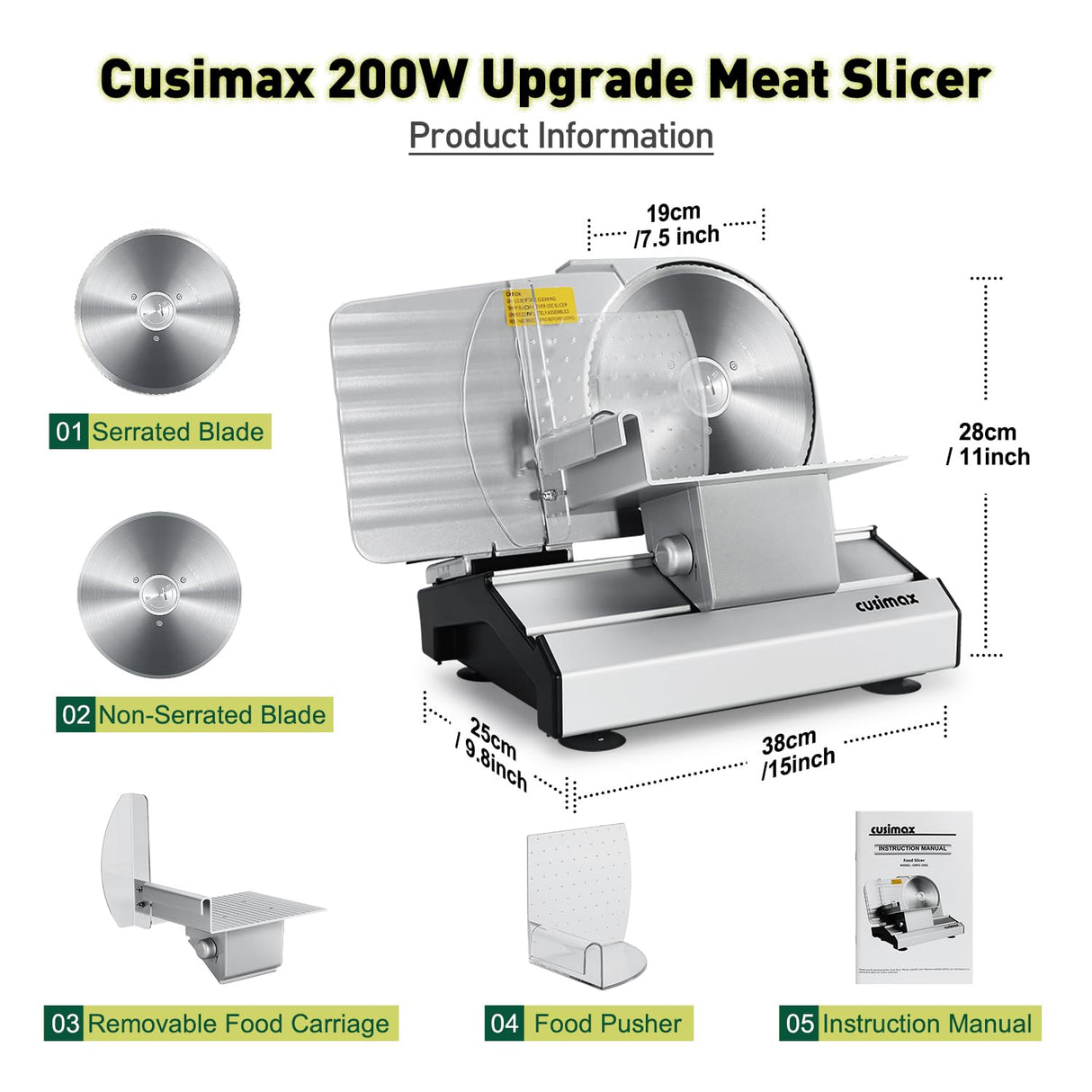 CUSIMAX Electric Meat Slicer for Home,Two 7.5''Stainless Steel Blades,1-20mm Adjustable Thickness,Easy to Cut Various Foods,Removable Food Carriage for Easy Cleaning CUSIMAX