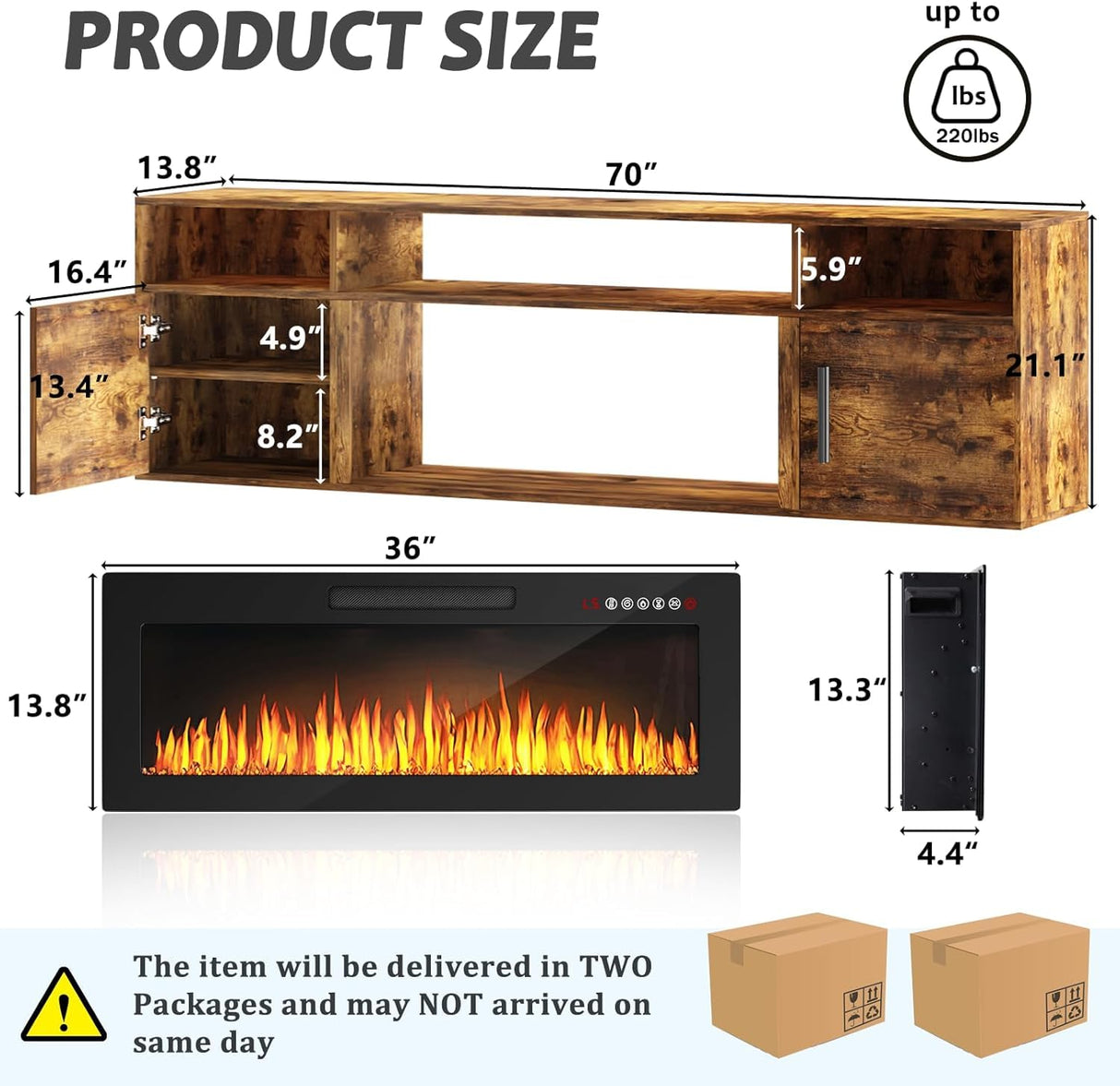 PUKAMI 70" Floating TV Stand with 36" Electric Fireplace,Wall Mounted Entertainment Center with LED Lights and Highlight Storage Cabinet for TVs up to 80" for Living Room (Brown) PUKAMI