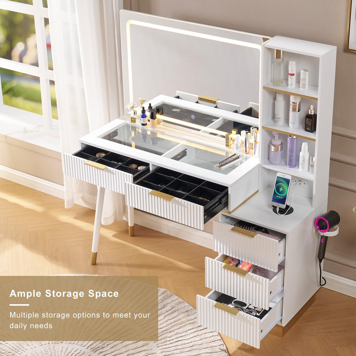 LUXOAK 54" Tall Vanity Desk with 35" W x 24" H Large Mirror and Lights, Large Makeup Vanity Table with 5 Drawers, 3 Shelves and Charging Station, Glass Top Desk for Dressing Room, Bedroom, White LUXOAK